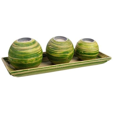 Set Vassoio E 3 Portacandele In Legno Di Bambù Verde 33x13x3h Cm - Foto 1