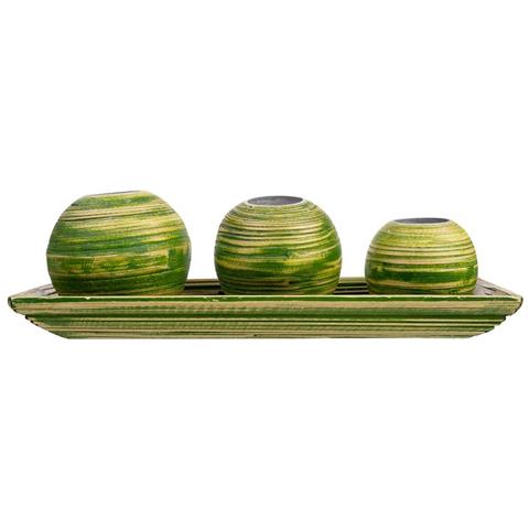 Set Vassoio E 3 Portacandele In Legno Di Bambù Verde 33x13x3h Cm - Foto 2