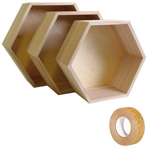 3 Ripiani In Legno Esagonali + Washi Tape Dorato 5 M - Foto 2