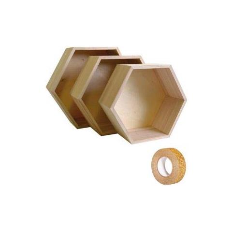 3 Ripiani In Legno Esagonali + Washi Tape Dorato 5 M - Foto 1
