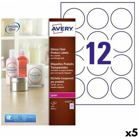 Etichette Per Stampante Avery Trasparente Rotondo 10 Fogli Ø 60 Mm (5 Unità) - Foto 1