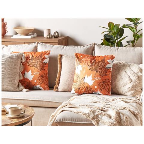 Set Di 2 Cuscini Poinsettia Velluto 45 X 45 Cm Arancione Trama Di Piante - Foto 1