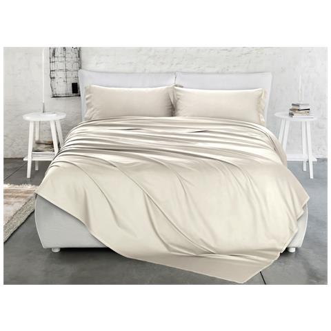 Completo Lenzuola Matrimoniale 100% Raso Cotone Tinta Unita Made Italy Matrimoniale Avorio - Foto 1