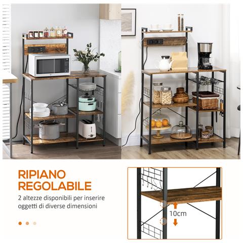 Scaffale Cucina Multipresa Per Microonde Con Ripiani E Cestino A Rete, 90x42x130cm, Marrone - Foto 2