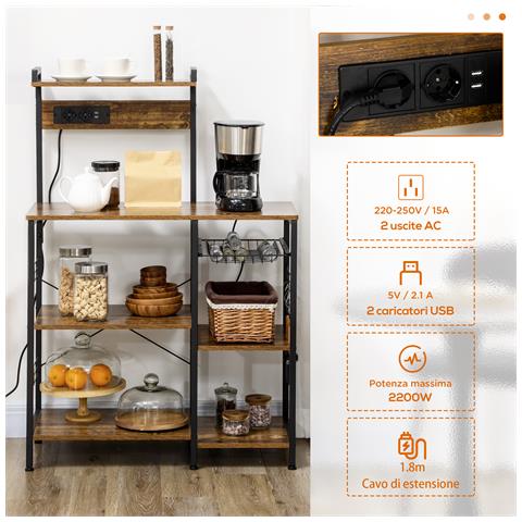 Scaffale Cucina Multipresa Per Microonde Con Ripiani E Cestino A Rete, 90x42x130cm, Marrone - Foto 6