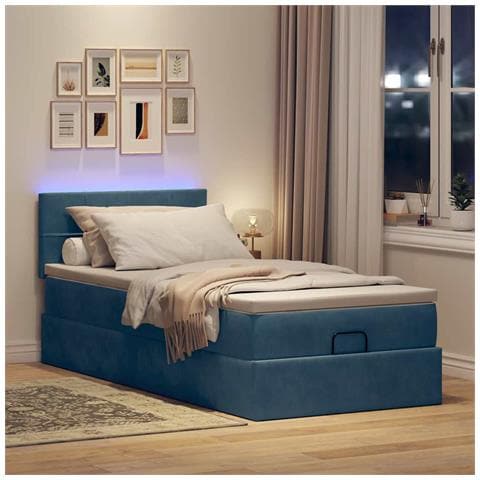Pouf Letto Con Materasso E Led Blu Scuro 80x200cm In Velluto - Foto 3