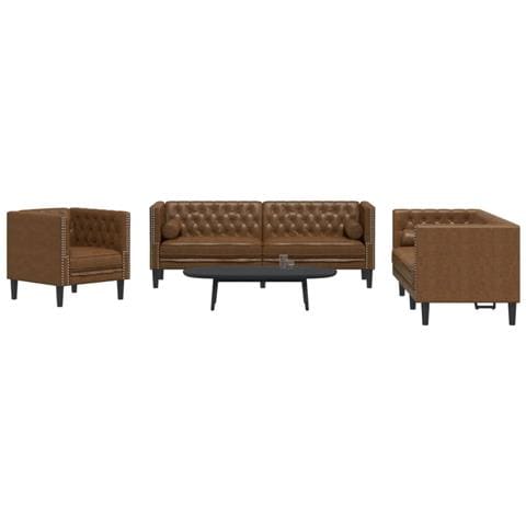 Divani Chesterfield 3pz Cuscini Marrone Similpelle Scamosciata - Foto 2