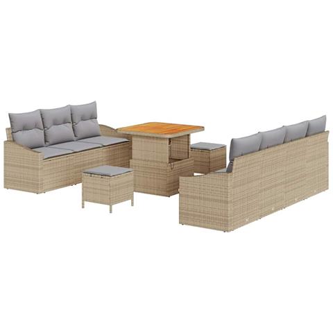 Set di divani da giardino  10 pezzi con cuscini beige in polyrattan, Divano da giardino  2 posti con spazio di stoccaggio e cuscini beige in polyrattan, Set da pranzo da giardino  3 pezzi con cuscini beige in polyrattan - Foto 1
