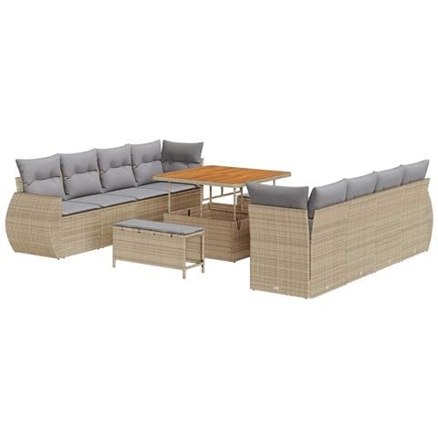 Set di divani da giardino con cuscini da 11 pezzi in polyrattan beige e acacia, Set da pranzo da giardino in 3 pezzi con cuscini beige in polyrattan e acacia - Foto 1
