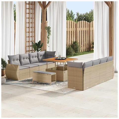Set di divani da giardino con cuscini da 11 pezzi in polyrattan beige e acacia, Set da pranzo da giardino in 3 pezzi con cuscini beige in polyrattan e acacia - Foto 2
