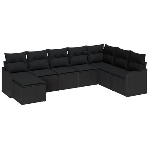 Set Divano da Giardino  8 Pezzi con Cuscini Nero Rattan Poliestere, Divano da Giardino  2 Posti con Cuscini Nero Rattan Poliestere - Foto 1