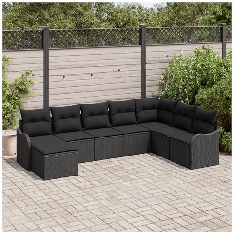 Set Divano da Giardino  8 Pezzi con Cuscini Nero Rattan Poliestere, Divano da Giardino  2 Posti con Cuscini Nero Rattan Poliestere - Foto 2