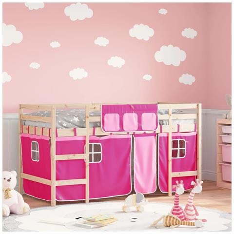 Letto a Soppalco con Tende Bambini Rosa 90x190 cm Massello Pino - Foto 2
