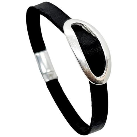 Bracciale In Pelle Con Chiusura A Fibbia Magnetica Nera E Argento - Foto 4