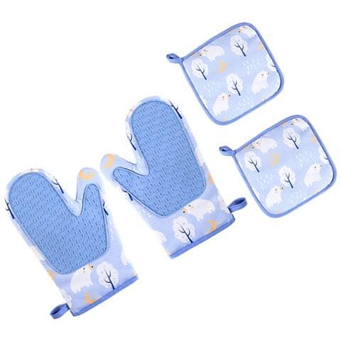 Set Di Guanti Da Forno In Silicone Resistenti Al Calore E Presine In Cotone - Blu - Foto 2