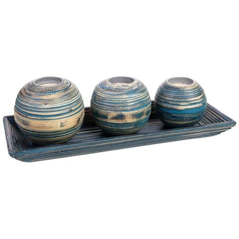 Set Vassoio E 3 Portacandele In Legno Di Bambù Blu 33x13x3h Cm - Foto 1