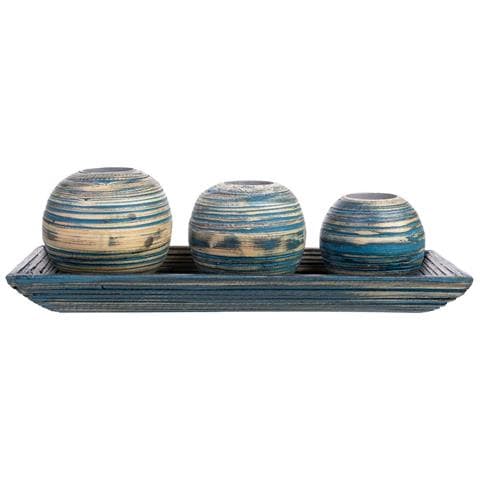 Set Vassoio E 3 Portacandele In Legno Di Bambù Blu 33x13x3h Cm - Foto 2