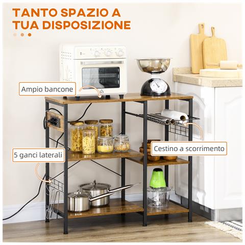 Mobile Da Cucina A 3 Ripiani In Truciolato Con Presa Di Corrente, Porta Usb E Cestino, 90x40x83cm - Foto 2