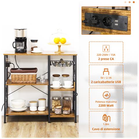 Mobile Da Cucina A 3 Ripiani In Truciolato Con Presa Di Corrente, Porta Usb E Cestino, 90x40x83cm - Foto 6