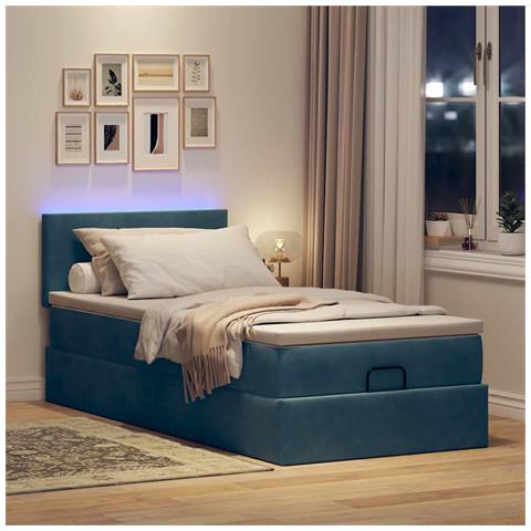 Pouf Letto Con Materasso E Led Blu Scuro 80x200cm In Velluto - Foto 3