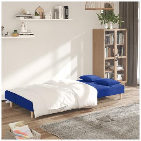 Divano Letto A 2 Posti Con 2 Cuscini Blu In Tessuto - Foto 2