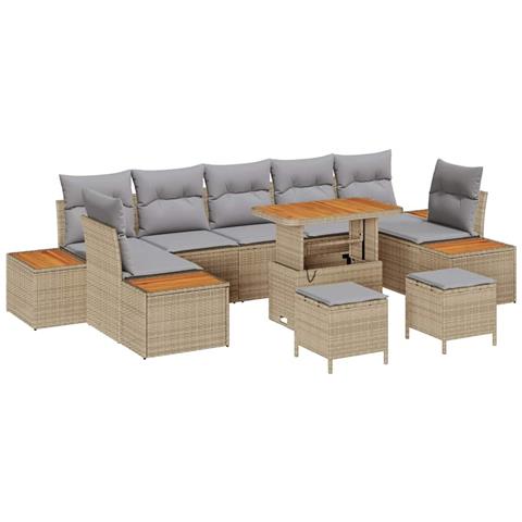 Set di Divani da Giardino 10 Pezzi con Cuscini Beige in Polyrattan, Set da Pranzo Giardino 3 Pezzi con Cuscini Beige in Polyrattan - Foto 1