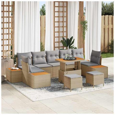 Set di Divani da Giardino 10 Pezzi con Cuscini Beige in Polyrattan, Set da Pranzo Giardino 3 Pezzi con Cuscini Beige in Polyrattan - Foto 2