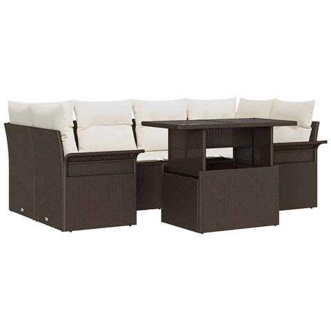Set Divano Giardino da 7 pezzi con cuscini in Vimini Marrone Poly Rattan, Divano Giardino a 2 posti con storage e cuscini Marrone Poly Rattan - Foto 1