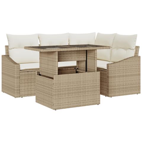 Set di divano da giardino 5 pezzi con cuscini beige in polyrattan - Foto 1