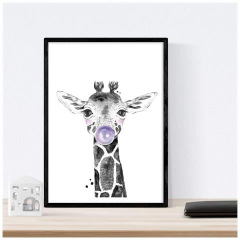 Set Di 6 Stampe Animali Bambini Con Gomma Da Masticare Cervo Elefante Zorro Orso Cane Maiale A4 Cornice Nera - Foto 2