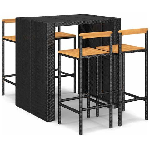 Set Bar Giardino 5 pz Nero Polyrattan e Legno Massello Acacia - Foto 1