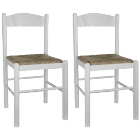Set 2 Sedie Shabby Legno Bianco Seduta Paglia 43x43x83 - Foto 1