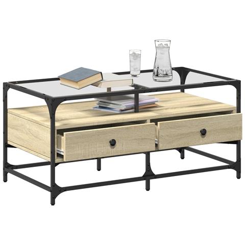 Tavolino Con Piano In Vetro Rovere Sonoma 98,5x50x45 Cm Acciaio - Foto 3