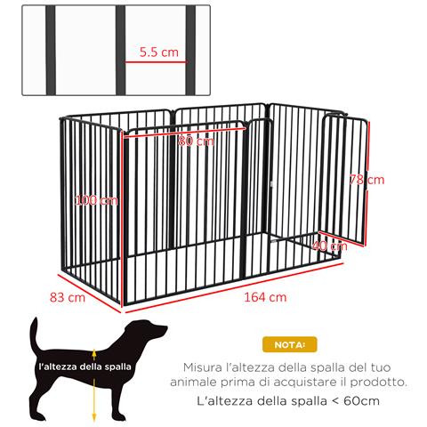 Recinto Per Cani Grandi A 6 Pannelli Modulabili In Acciaio, 164x83x100 Cm, Nero - Foto 6