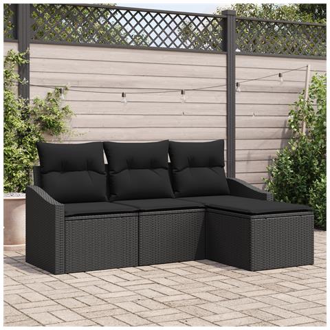 Set Divano da Giardino a 4 Pezzi con Cuscini Nero Rattan Poliestere - Foto 2