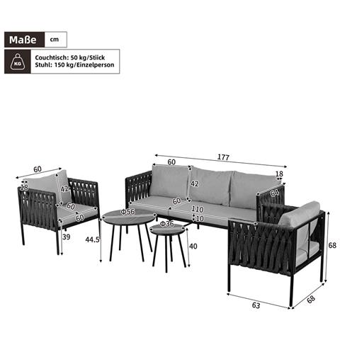 Set Di Mobili Da Giardino Con Cuscini, Divano A 3 Posti, 2 Poltrone E 2 Tavolini, Piano In Vetro Marmorizzato, Acciaio Zincato, Grigio - Foto 2