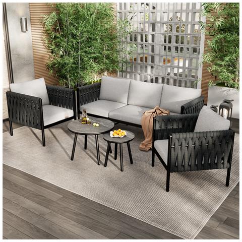 Set Di Mobili Da Giardino Con Cuscini, Divano A 3 Posti, 2 Poltrone E 2 Tavolini, Piano In Vetro Marmorizzato, Acciaio Zincato, Grigio - Foto 1