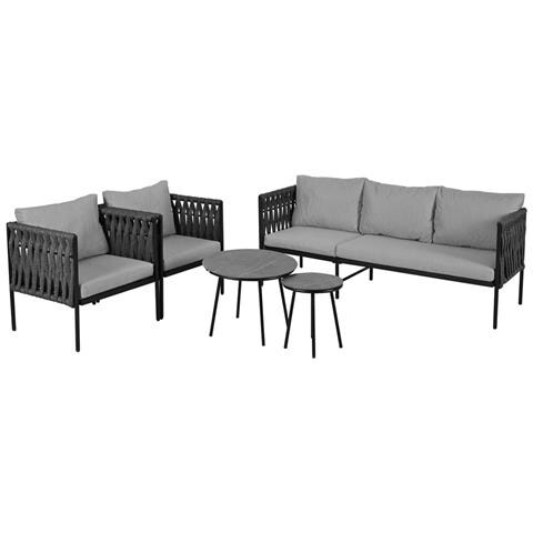 Set Di Mobili Da Giardino Con Cuscini, Divano A 3 Posti, 2 Poltrone E 2 Tavolini, Piano In Vetro Marmorizzato, Acciaio Zincato, Grigio - Foto 4