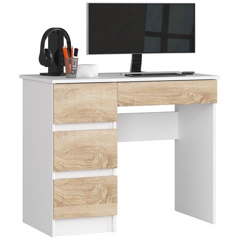 Scrivania per computer A7 sinistro, 4 cassetti, 90x50x77 cm, Colore Bianco e Sonoma Quercia - Foto 1