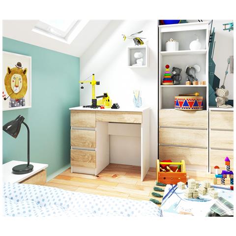 Scrivania per computer A7 sinistro, 4 cassetti, 90x50x77 cm, Colore Bianco e Sonoma Quercia - Foto 5