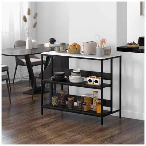 Isola Da Cucina Con Mensole, Piano Effetto Marmo E Struttura In Metallo, 100x50x90cm, Nero E Bianco - Foto 2