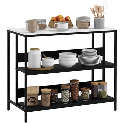 Isola Da Cucina Con Mensole, Piano Effetto Marmo E Struttura In Metallo, 100x50x90cm, Nero E Bianco - Foto 1