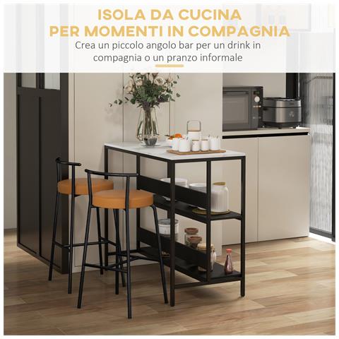 Isola Da Cucina Con Mensole, Piano Effetto Marmo E Struttura In Metallo, 100x50x90cm, Nero E Bianco - Foto 6