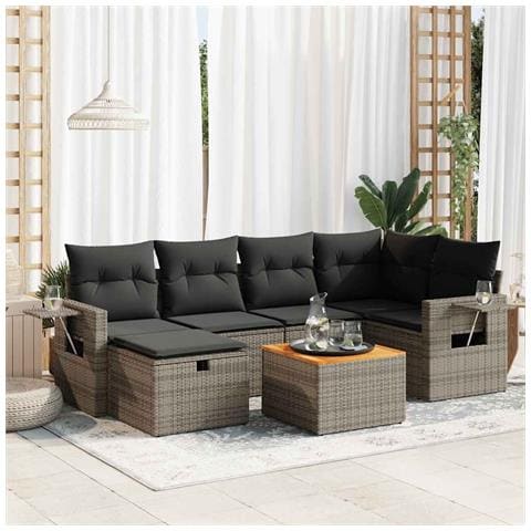 Set Divani Da Giardino 7 Pz Con Cuscini Grigio In Polyrattan - Foto 1