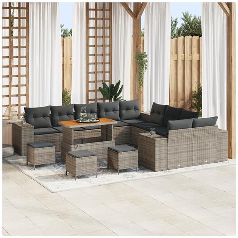 Set divano da giardino 14 pezzi con cuscini grigio in rattan plastico acacia,  Set da pranzo da giardino 4 pezzi con cuscini grigio in rattan plastico acacia - Foto 2