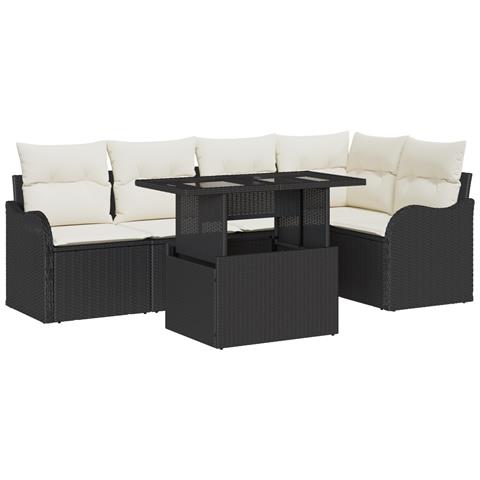 Set di Divani da Giardino in 6 Pezzi con Cuscini Rattan Nero Polipropilene, Divano da Giardino a Due Posti con Cuscini Rattan Nero Polipropilene - Foto 1