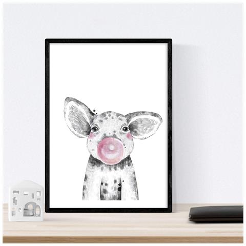 Set Di 6 Stampe Animali Bambini Con Gomma Da Masticare Cervo Maiali Elefante Coniglio Mucca Zorro A4 Cornice Nera - Foto 2