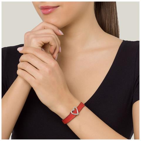Bracciale In Pelle Rossa Con Fibbia A Forma Di Cuore Placcata Argento - Foto 2