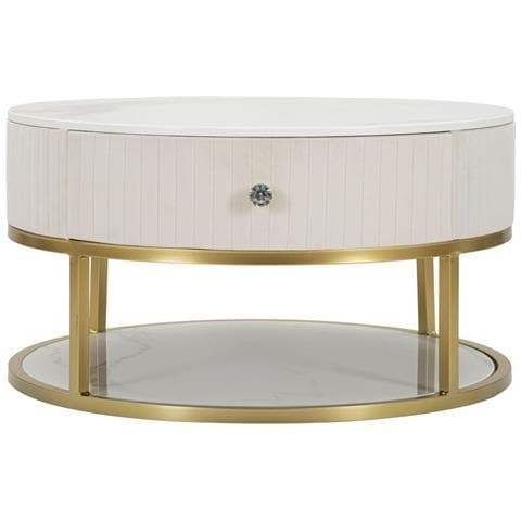 Tavolino Da Caffè Rotondo Montpellier Crema In Velluto E Ferro Dorato — Ø 75x36 Cm - Foto 1