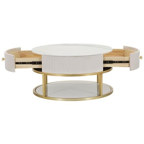 Tavolino Da Caffè Rotondo Montpellier Crema In Velluto E Ferro Dorato — Ø 75x36 Cm - Foto 2